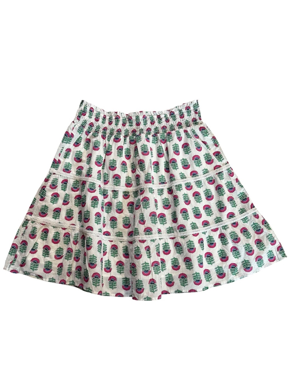 J. Crew Medium White Tiered Skirt with Pink & Green Floral Motif